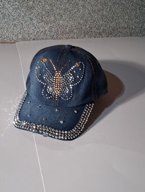 Rhinestone Butterfly Denim Baseball Cap - Blue